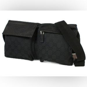 EUC Vintage GUCCI Black GG Monogram Canvas Double Pocket Belt Bag/Waist Bag